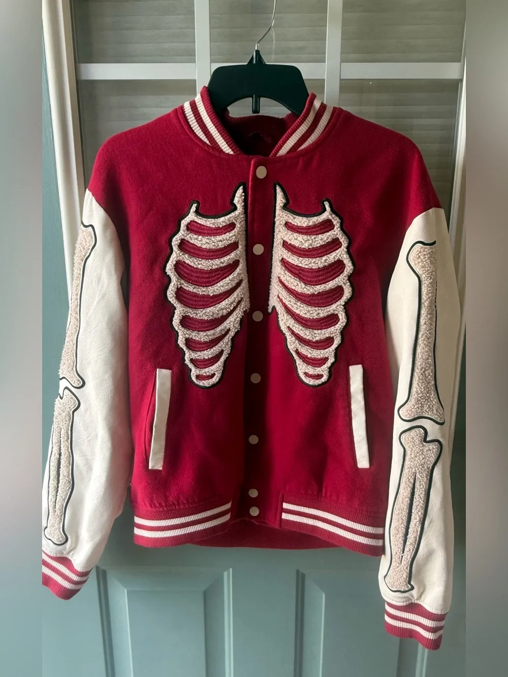 NOVA MEN Skeleton Varsity Jacket Red Ivory Chenille Bones Bomber Snap Small